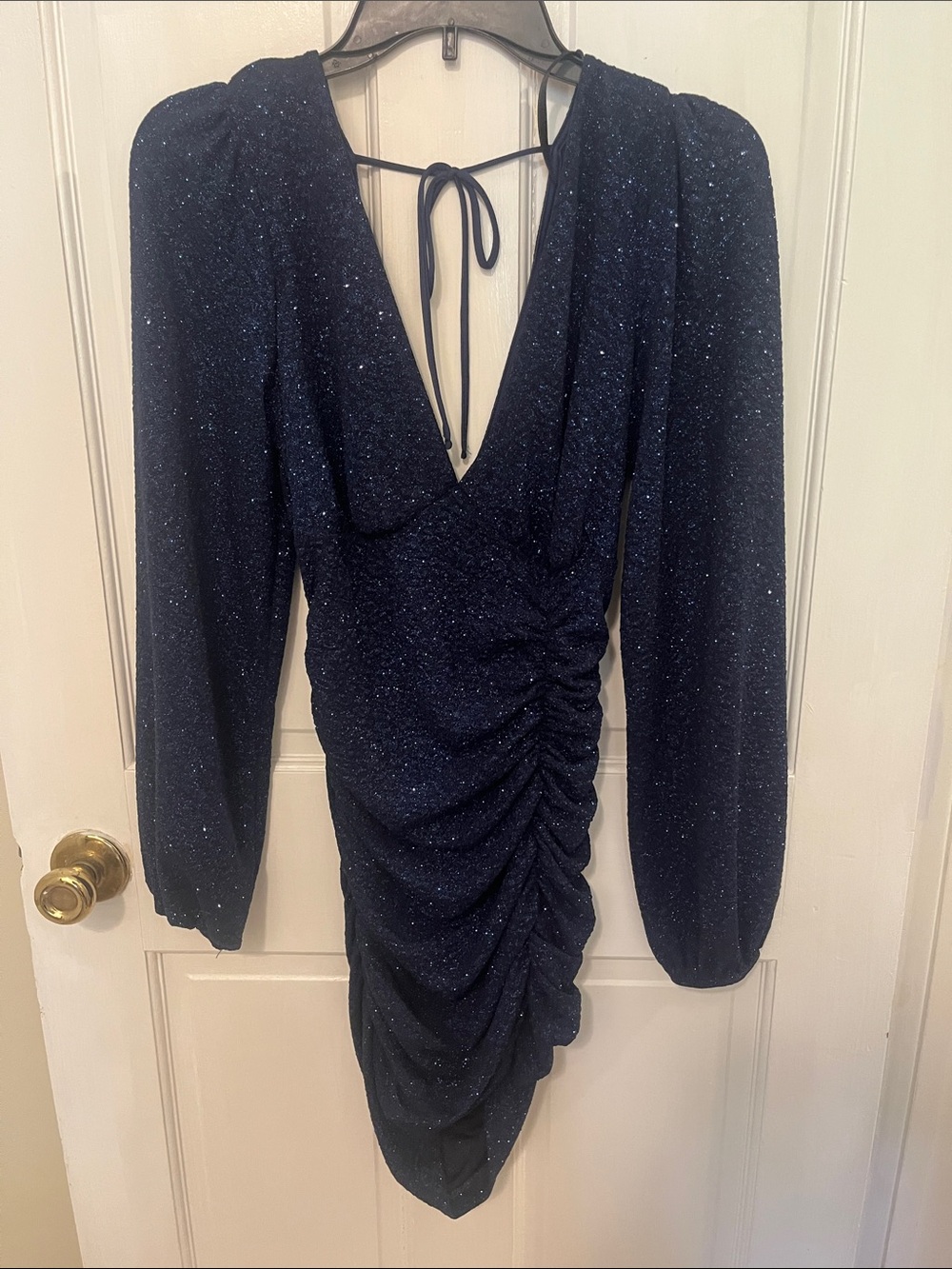 Windsor Navy Sparkle Long-Sleeve Ruched V-Neck Dress NEW with TAGS